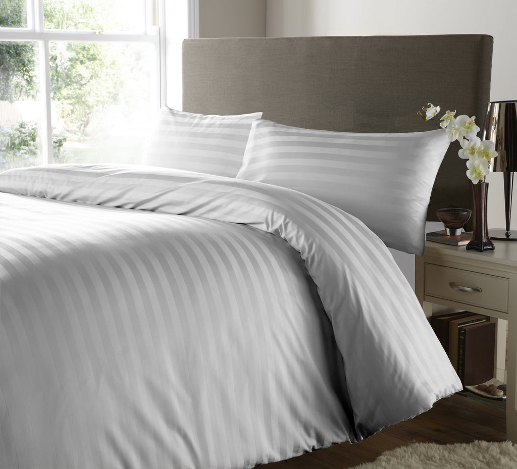 400 Thread Count Satin Stripe Duvet Cover 100% Egyptian Cotton Bedding White Grey